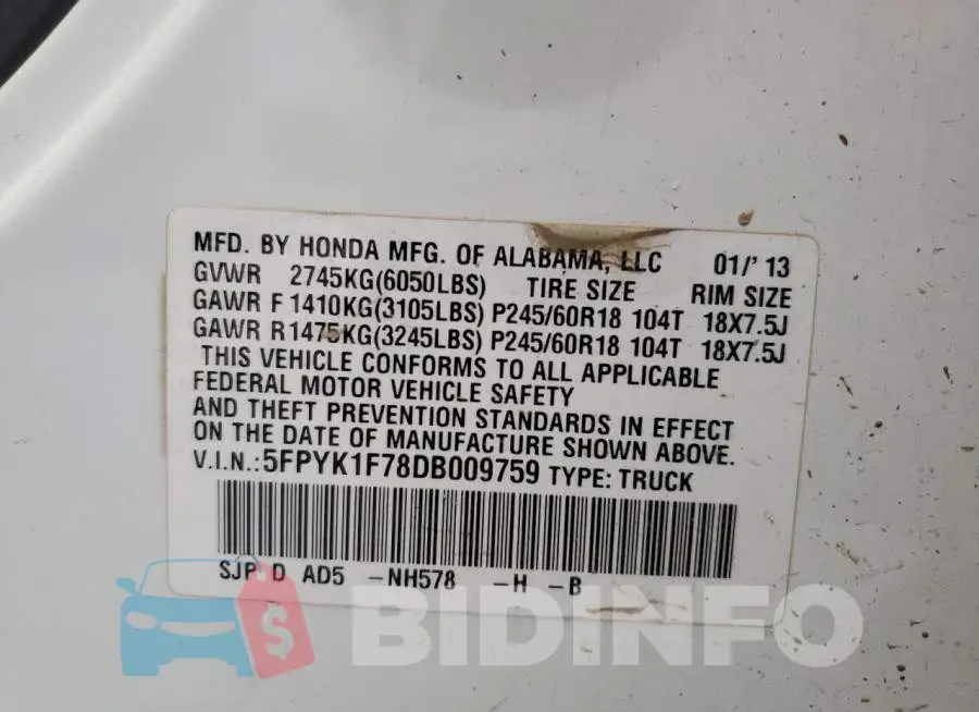 5FPYK1F78DB009759 Photo# 12