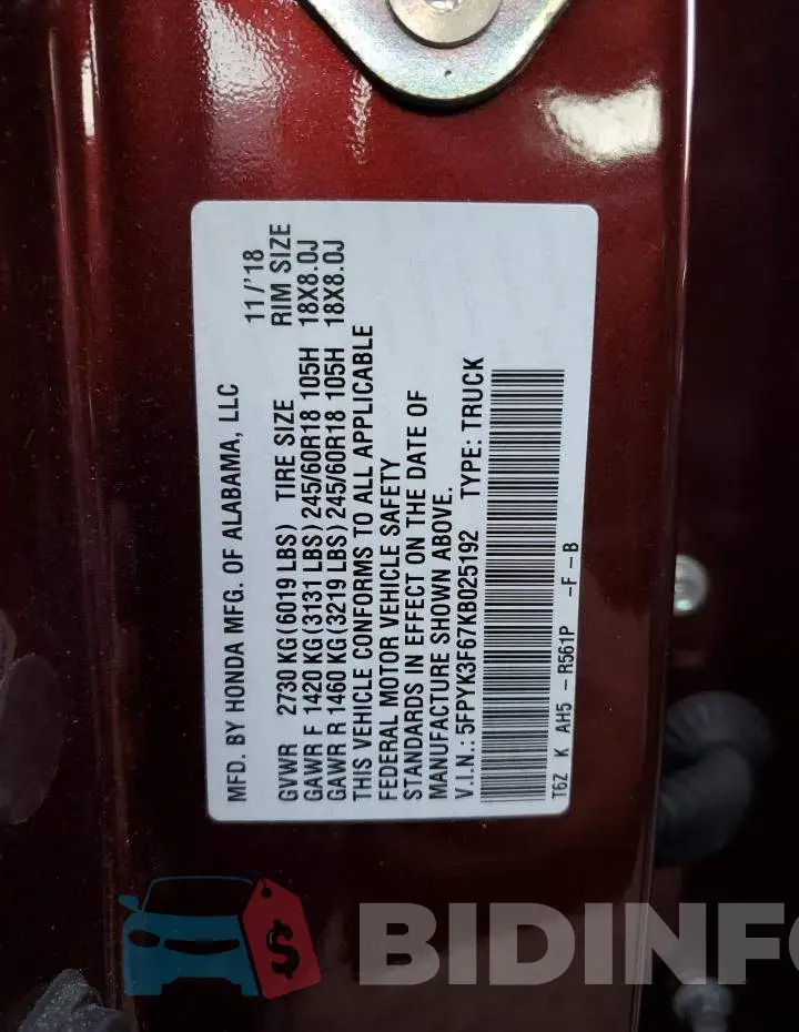 5FPYK3F67KB025192 Photo# 13