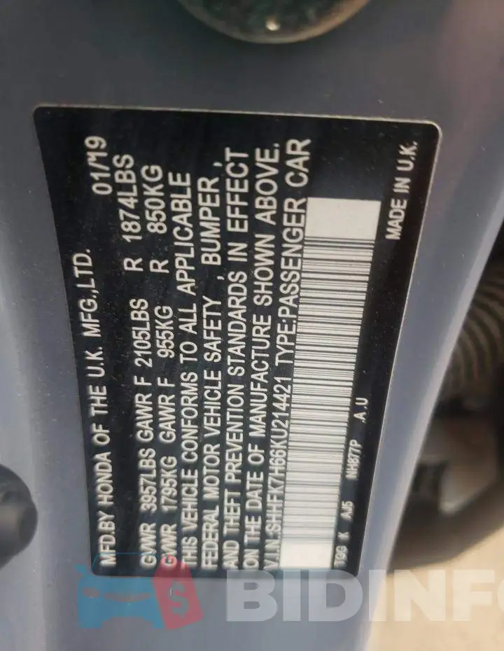 SHHFK7H66KU214421 Photo# 10