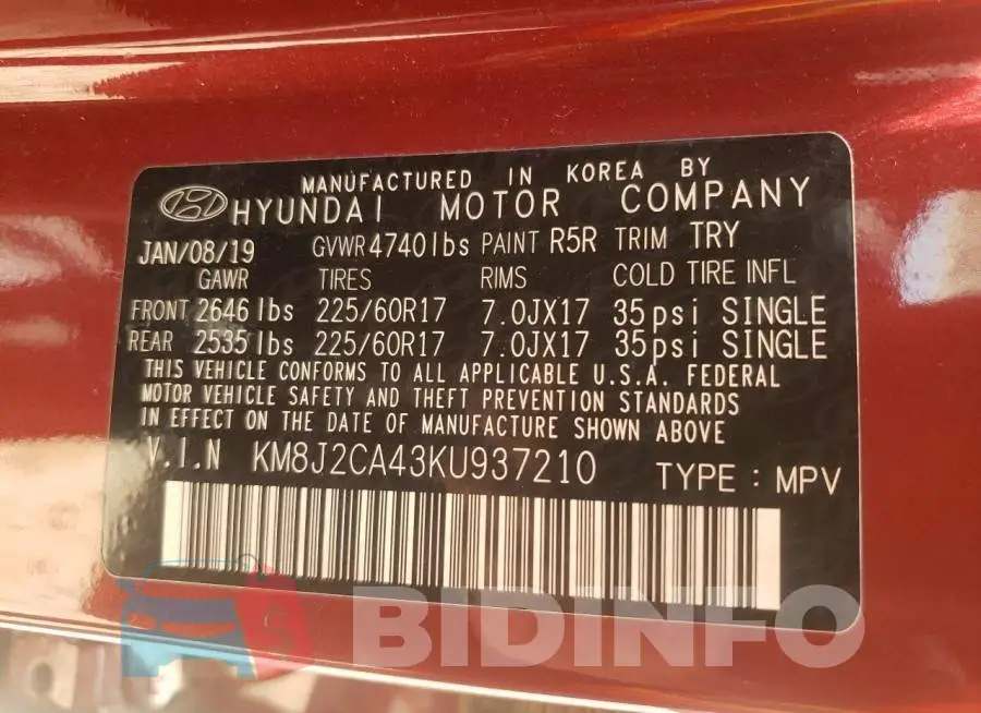 KM8J2CA43KU937210 Photo# 10