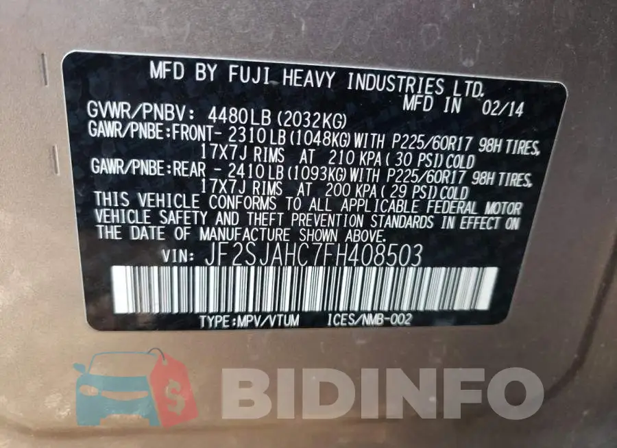 JF2SJAHC7FH408503 Photo# 14