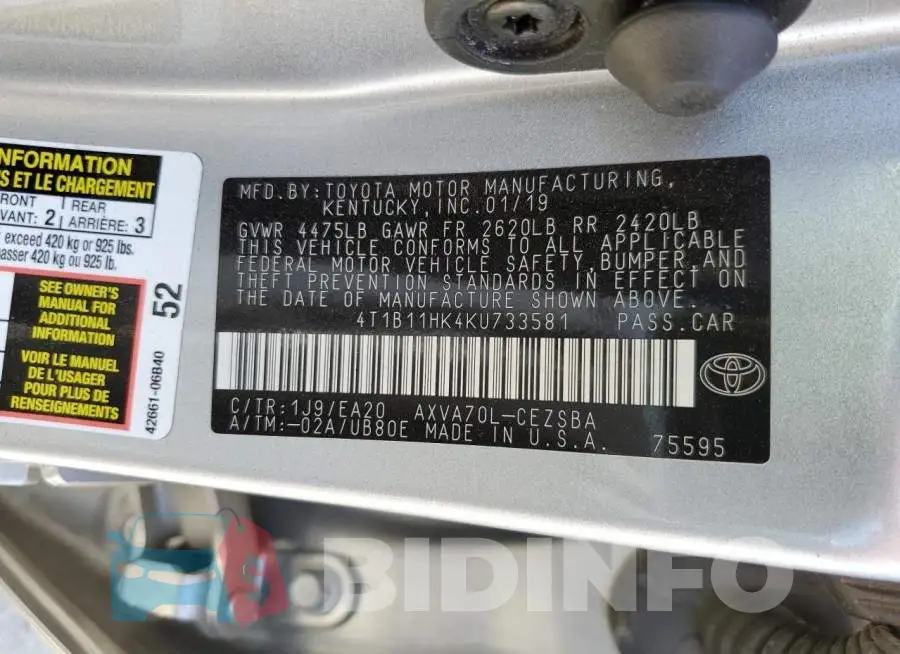 4T1B11HK4KU733581 Photo# 10