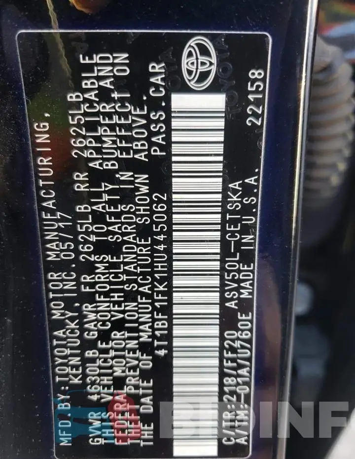 4T1BF1FK1HU445062 Photo# 12
