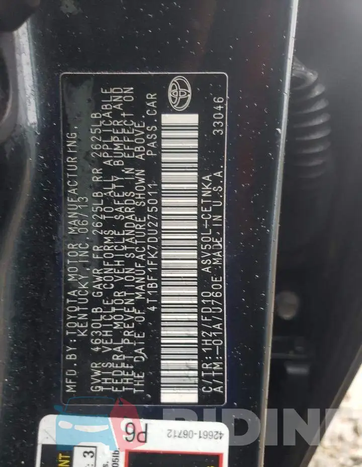 4T1BF1FK7DU275011 Photo# 12
