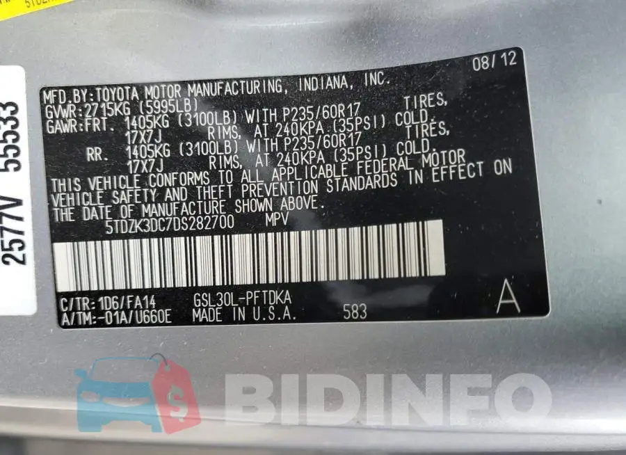 5TDZK3DC7DS282700 Photo# 14