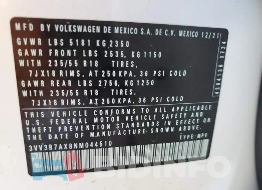 3VV3B7AX8NM044510 Photo# 14