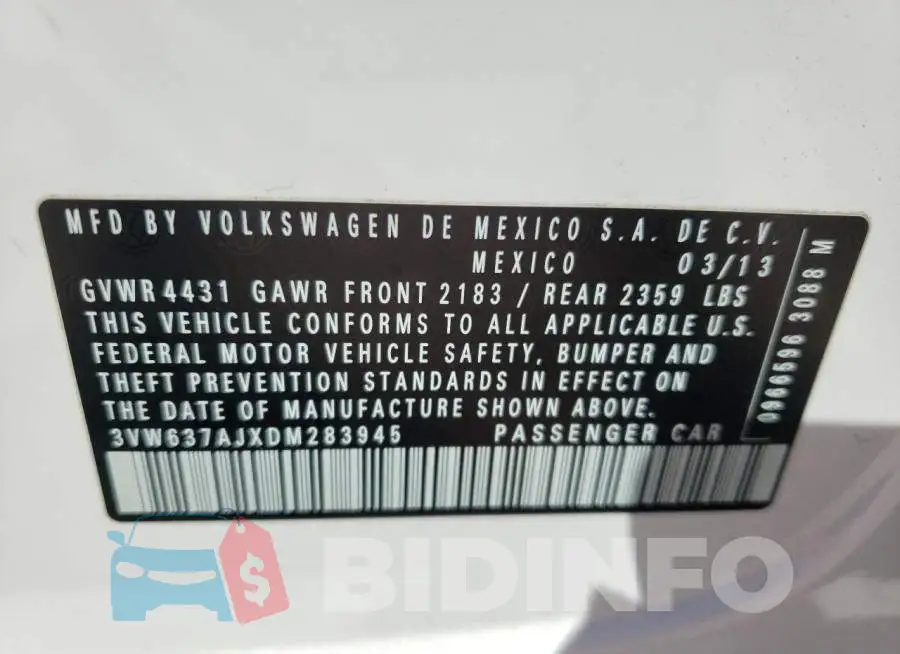 3VW637AJXDM283945 Photo# 10
