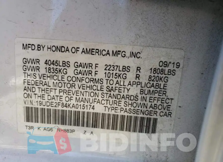 19UDE2F84KA015174 Photo# 13