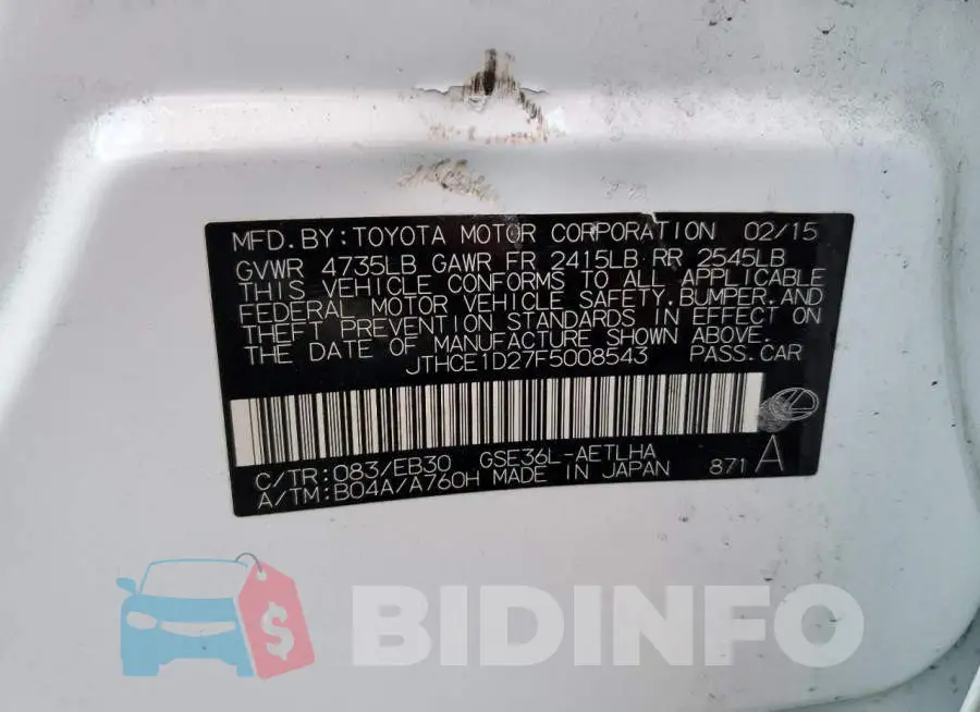 JTHCE1D27F5008543 Photo# 10