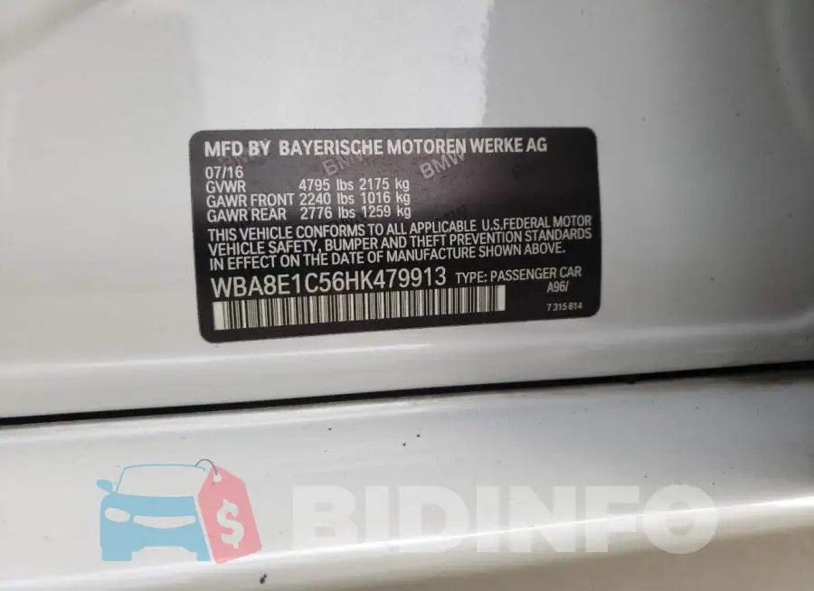 WBA8E1C56HK479913 Photo# 12