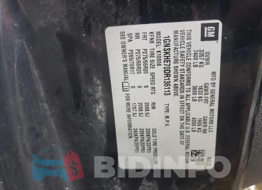 1GNSKHE70DR136113 Photo# 13