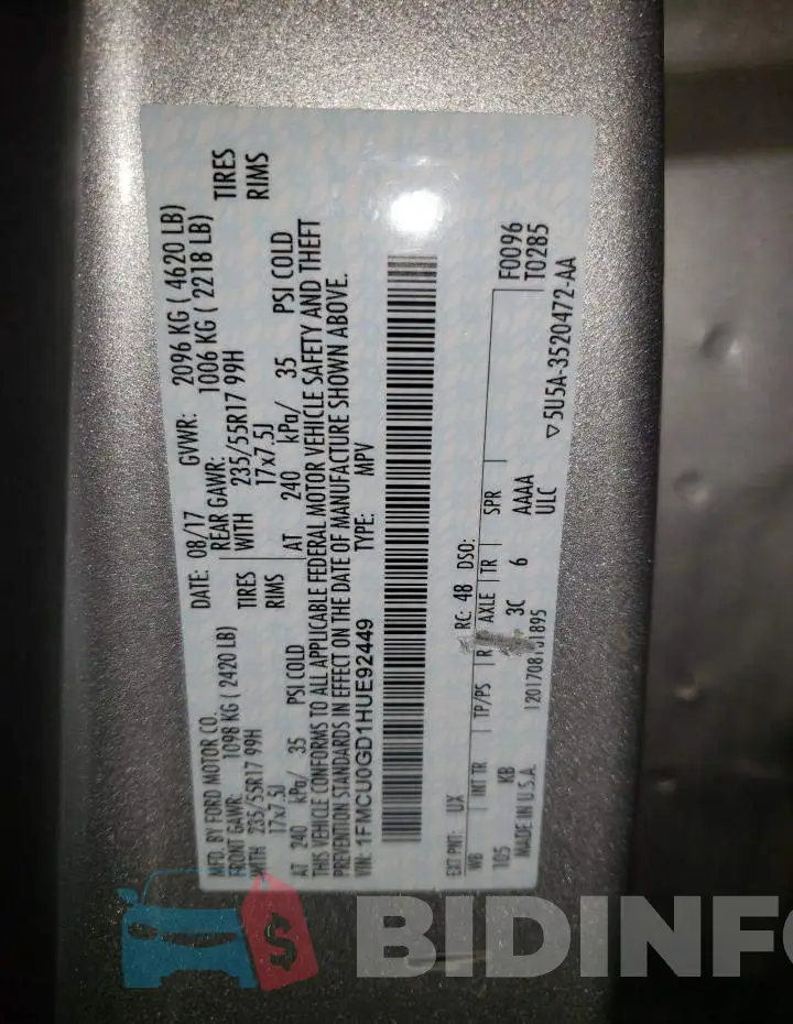 1FMCU0GD1HUE92449 Photo# 13