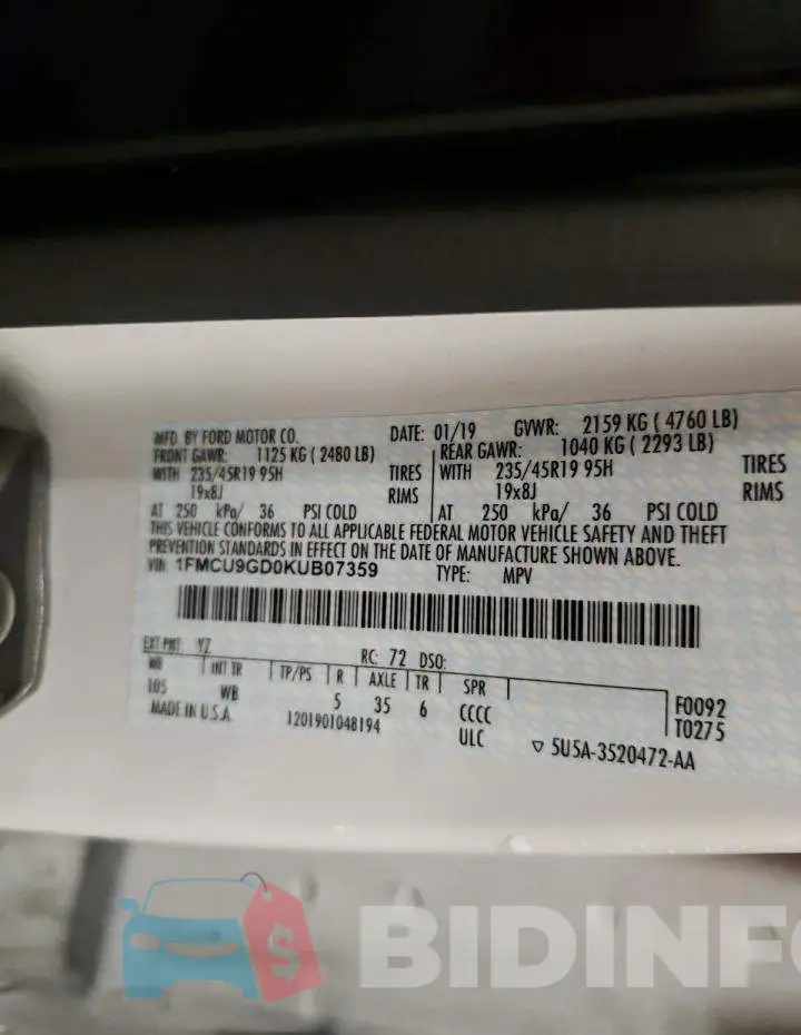 1FMCU9GD0KUB07359 Photo# 13