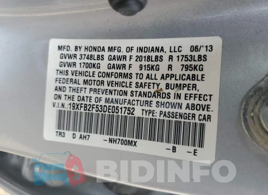 19XFB2F53DE051752 Photo# 12