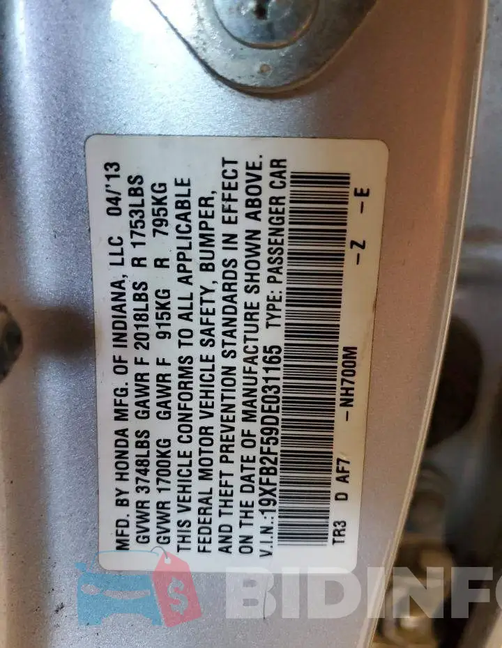 19XFB2F59DE031165 Photo# 10