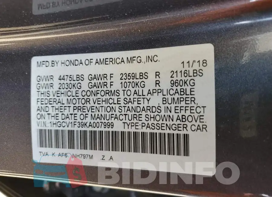1HGCV1F39KA007999 Photo# 12