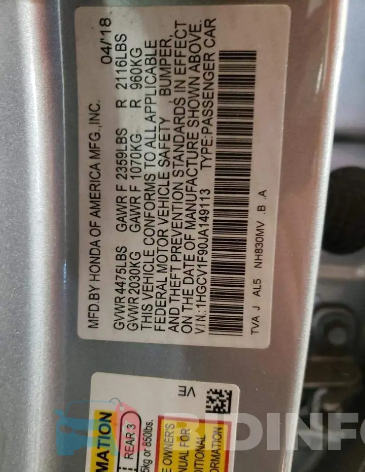 1HGCV1F90JA149113 Photo# 10