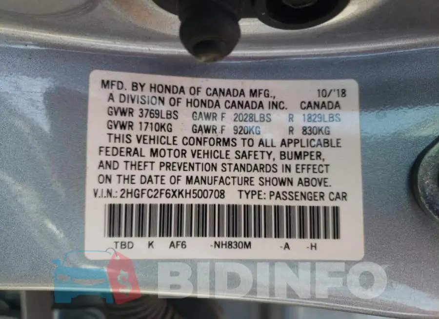 2HGFC2F6XKH500708 Photo# 10
