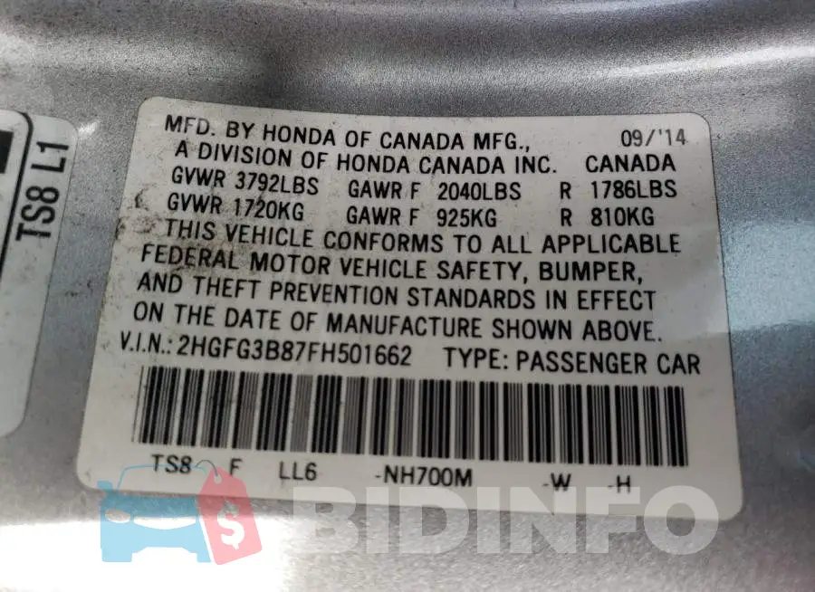 2HGFG3B87FH501662 Photo# 10
