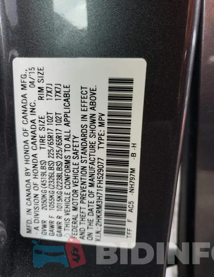 2HKRM3H71FH529077 Photo# 14