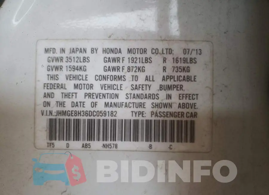 JHMGE8H36DC059182 Photo# 12