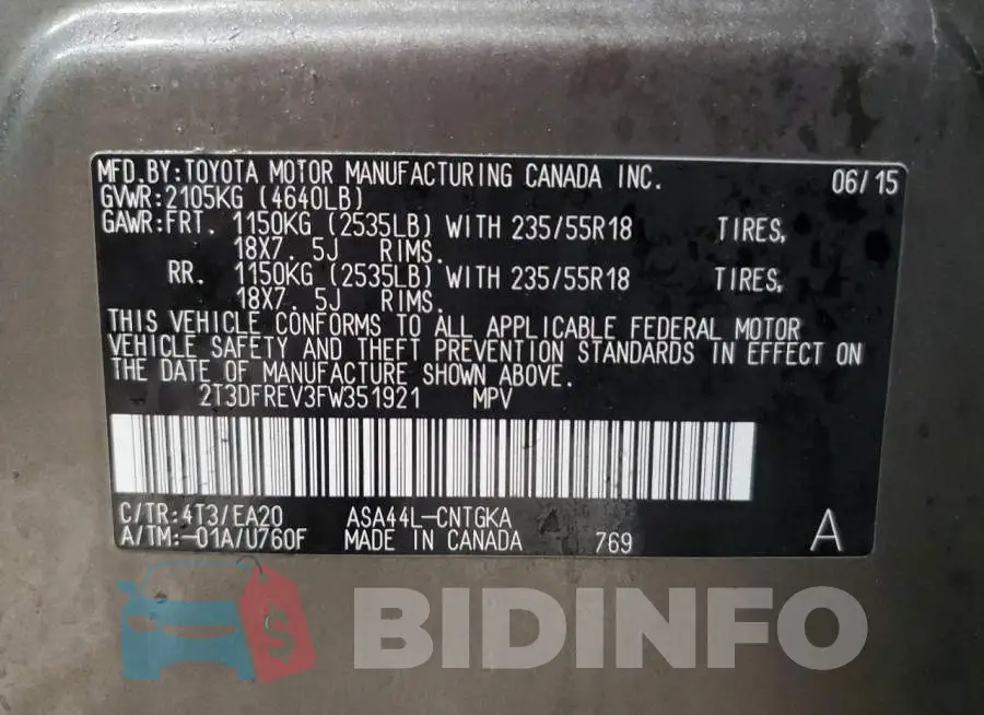2T3DFREV3FW351921 Photo# 13