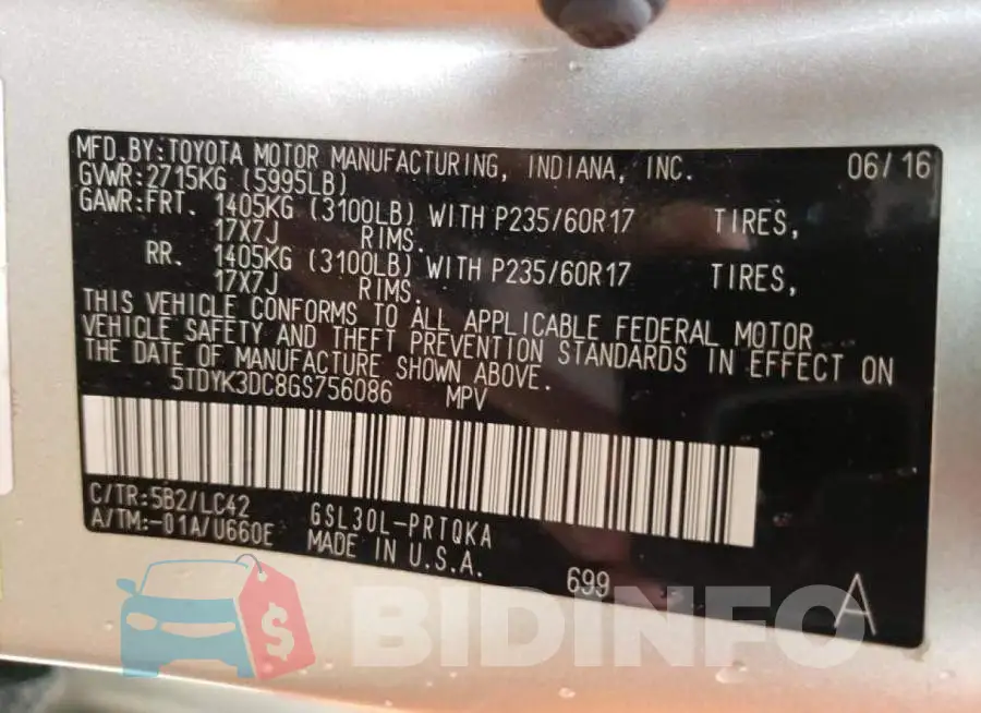 5TDYK3DC8GS756086 Photo# 14