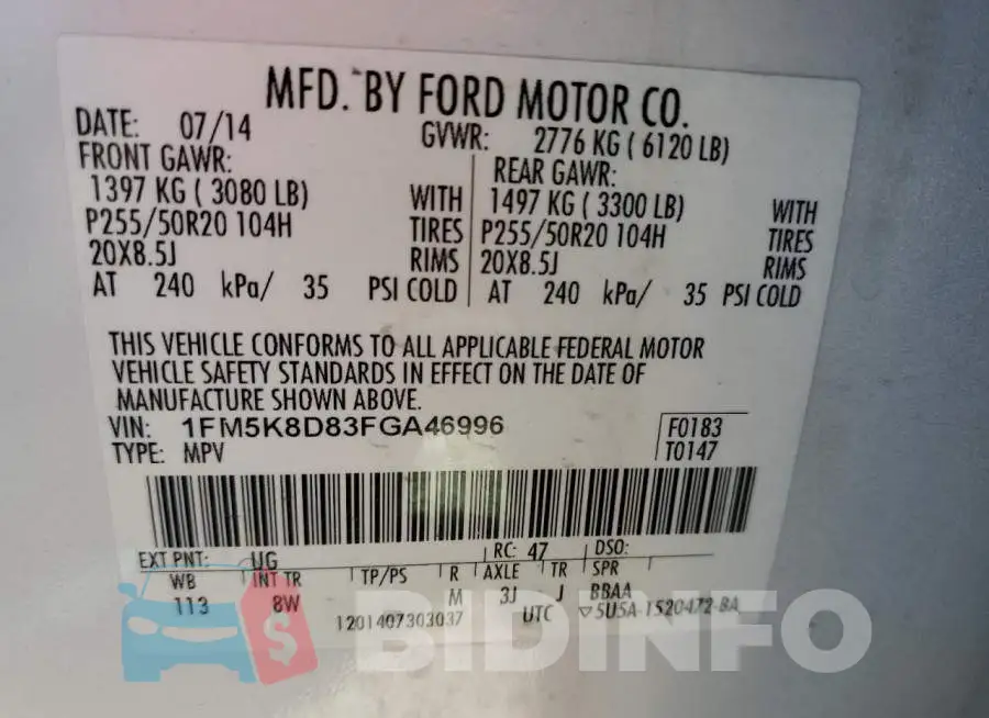 1FM5K8D83FGA46996 Photo# 14