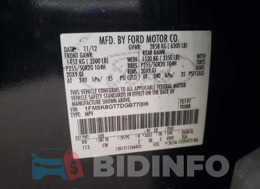 1FM5K8GT7DGB77006 Photo# 12