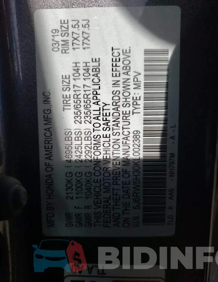 5J6RW5H30KL002389 Photo# 12