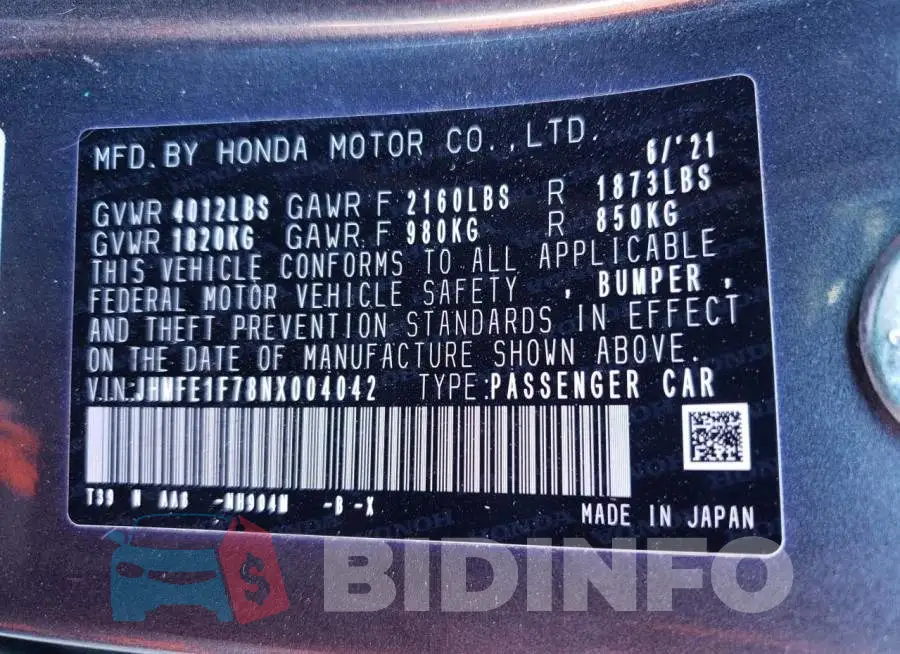 JHMFE1F78NX004042 Photo# 13