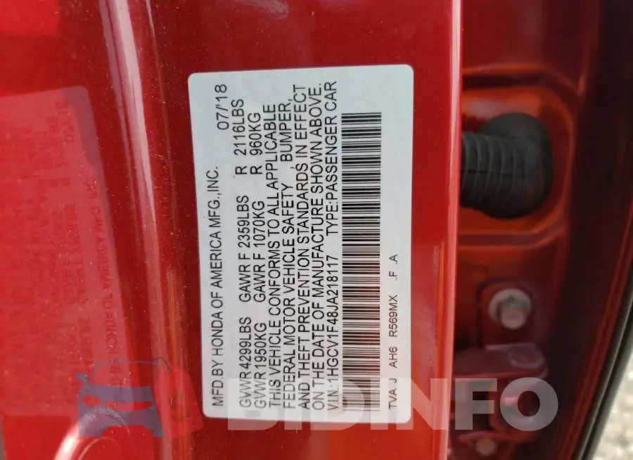 1HGCV1F48JA218117 Photo# 10