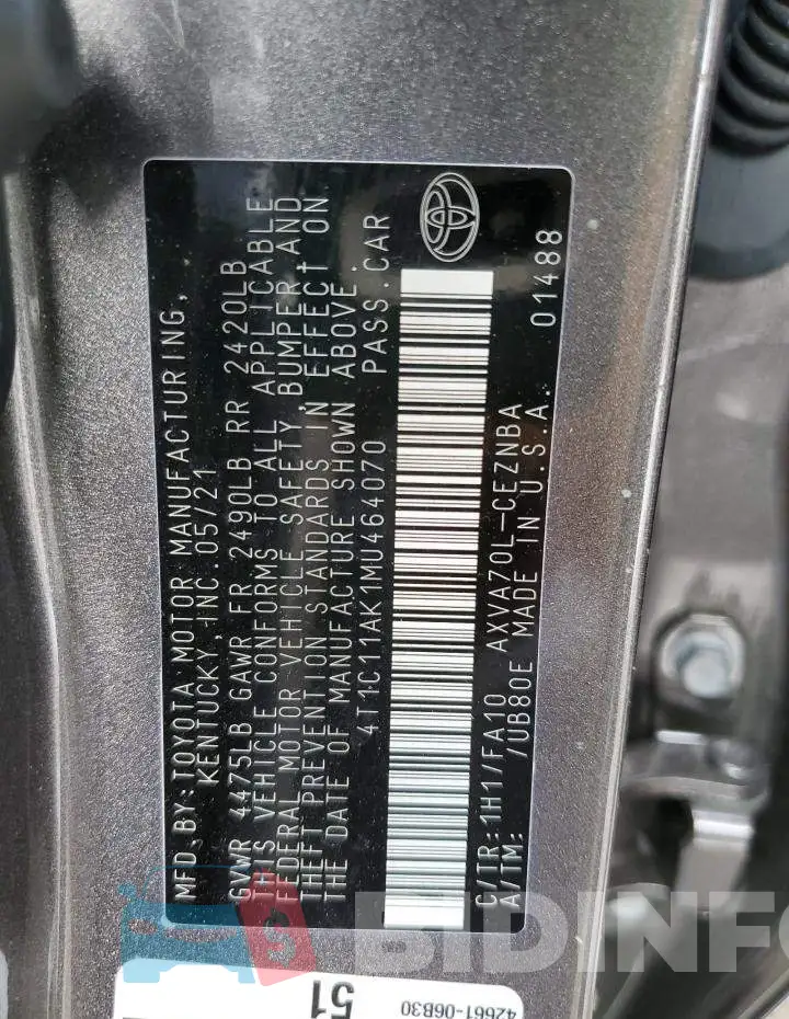 4T1C11AK1MU464070 Photo# 10
