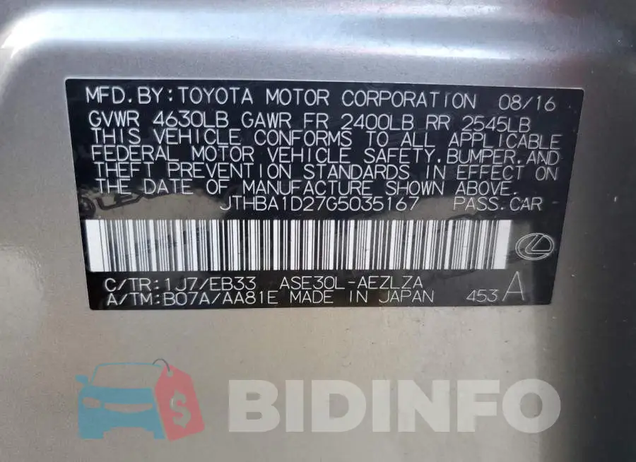JTHBA1D27G5035167 Photo# 10