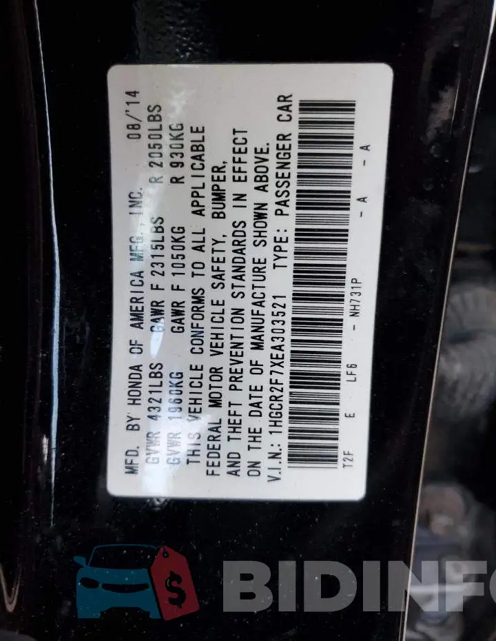 1HGCR2F7XEA303521 Photo# 12