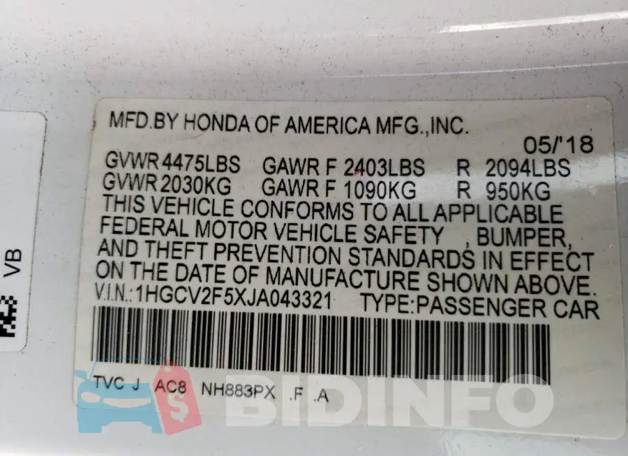 1HGCV2F5XJA043321 Photo# 10