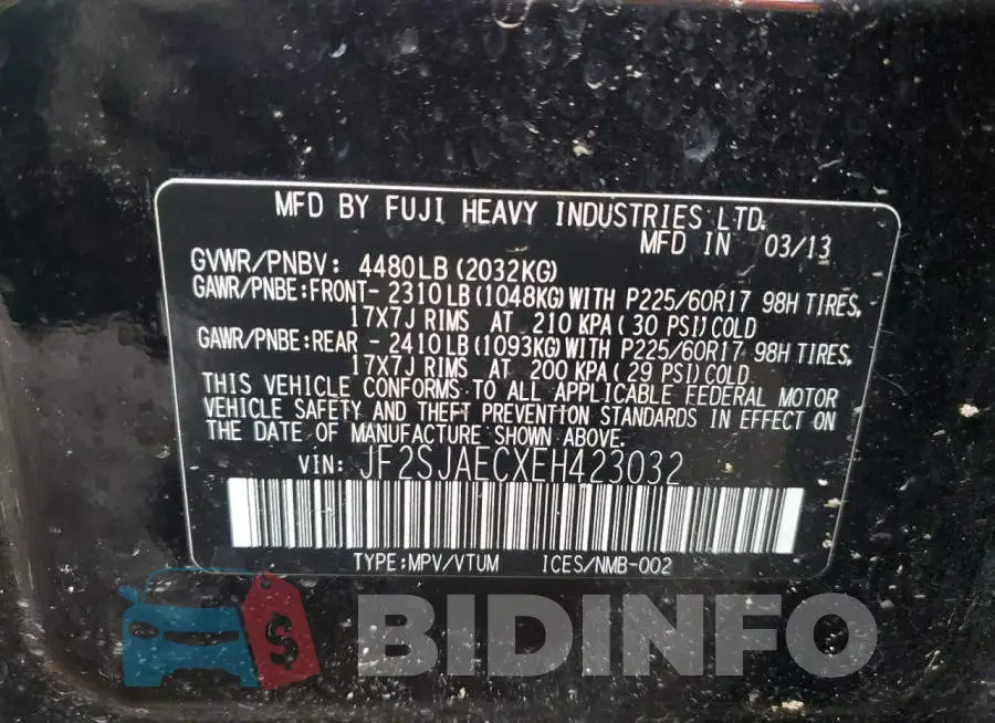 JF2SJAECXEH423032 Photo# 14