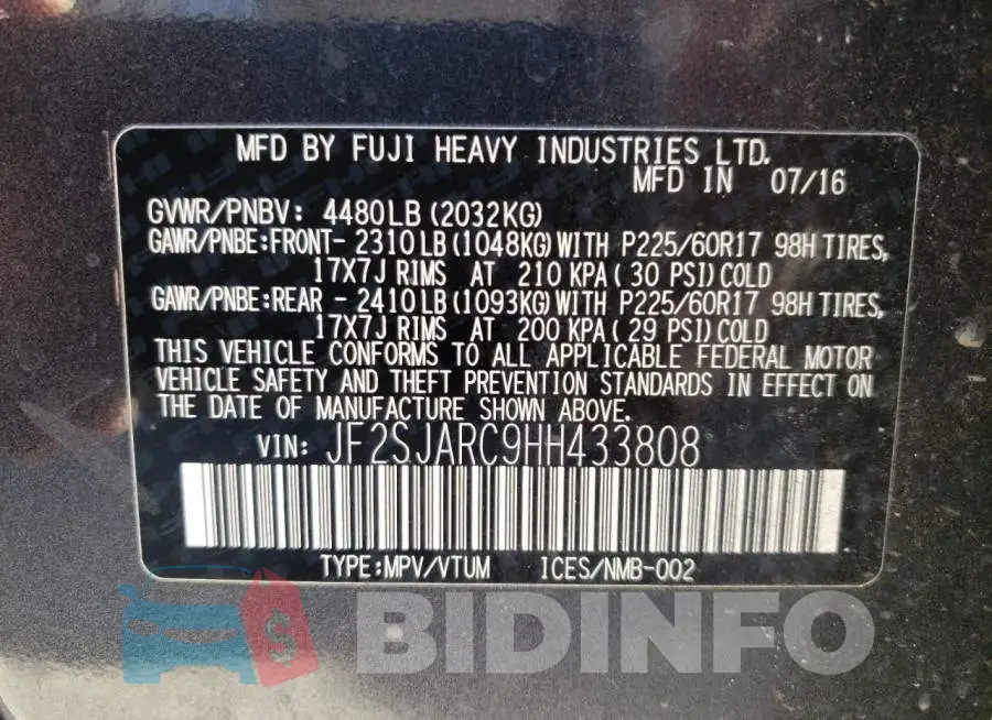 JF2SJARC9HH433808 Photo# 13