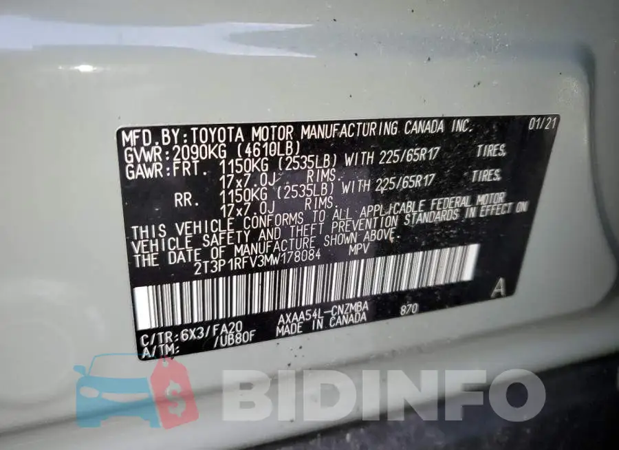 2T3P1RFV3MW178084 Photo# 13