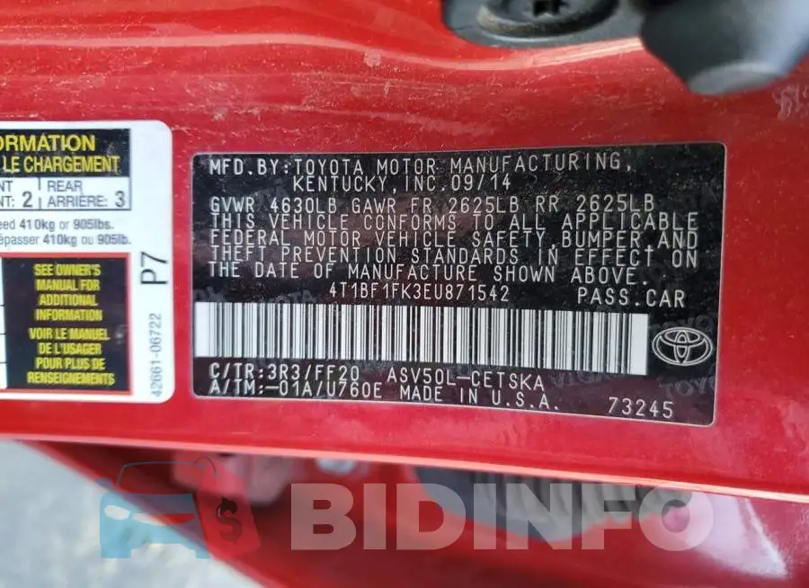4T1BF1FK3EU871542 Photo# 13