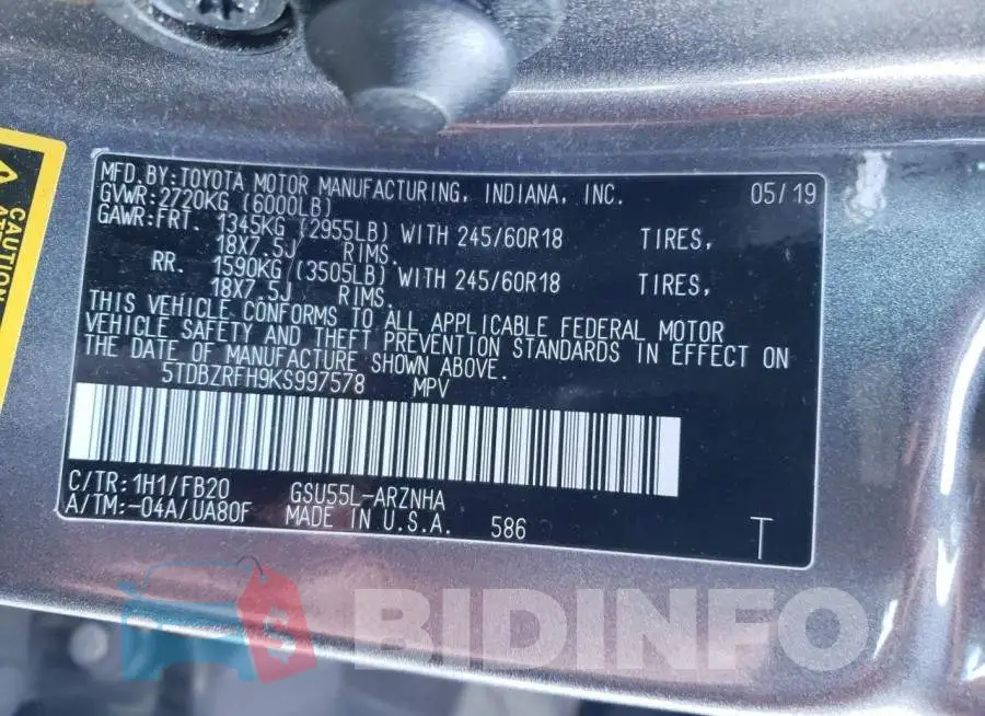 5TDBZRFH9KS997578 Photo# 13