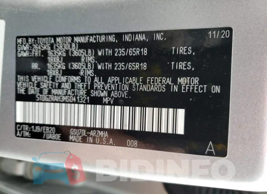 5TDGZRAH3MS041321 Photo# 12