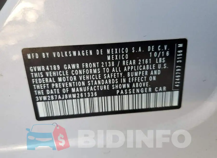 3VW2B7AJ8HM261336 Photo# 12