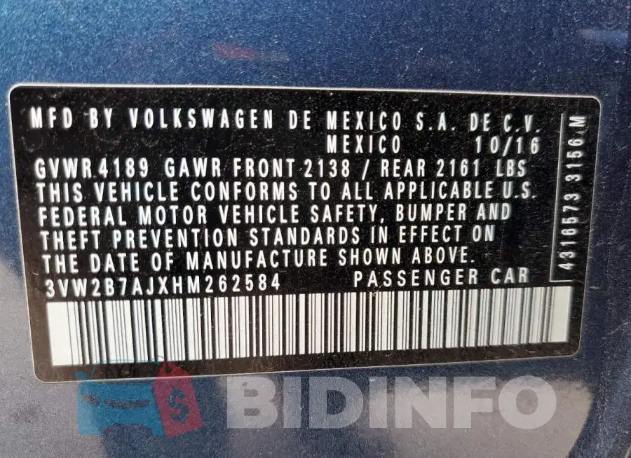 3VW2B7AJXHM262584 Photo# 13