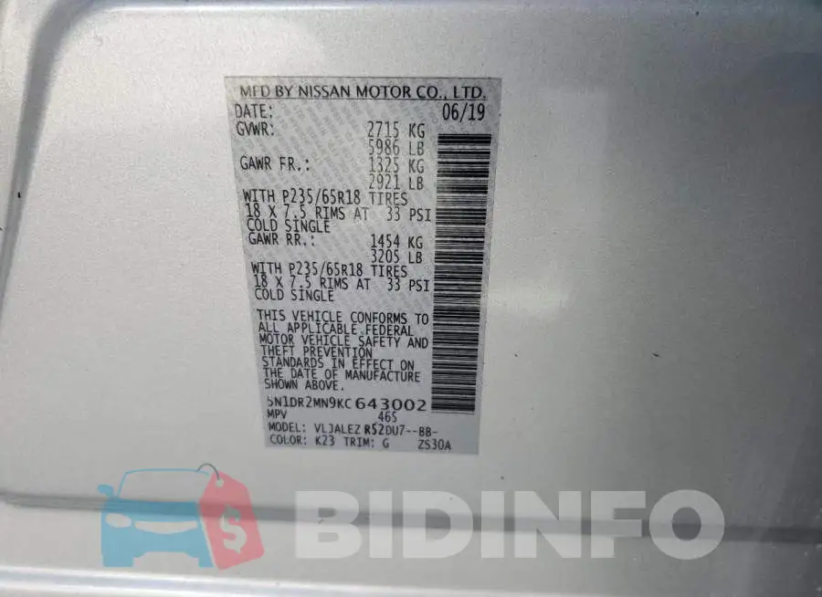 5N1DR2MN9KC643002 Photo# 13