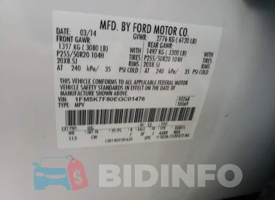 1FM5K7F80EGC01476 Photo# 10