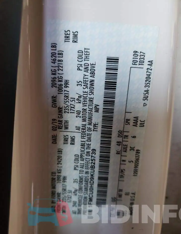 1FMCU0HD9KUB25739 Photo# 13
