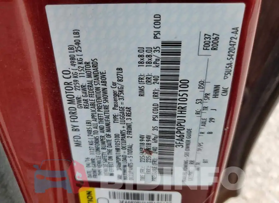 3FA6P0PU1HR105100 Photo# 12