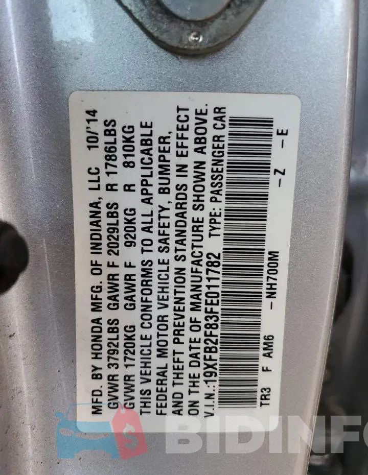 19XFB2F83FE011782 Photo# 13