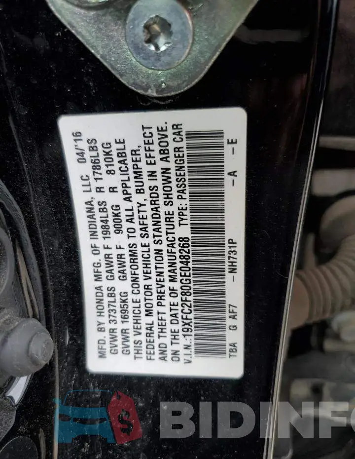 19XFC2F80GE048268 Photo# 12